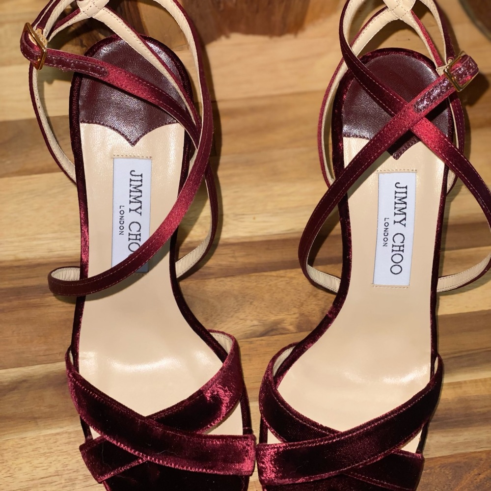 Jimmy Choo Burgundy Velvet And Satin Lola Cross Strap Sandals Size 39 - Picture 16 of 16